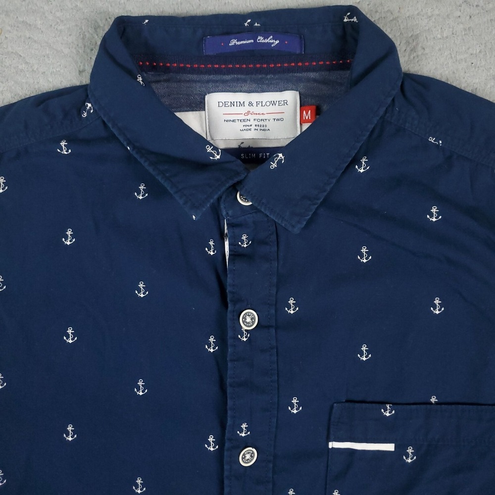 Denim & Flower Slim Fit Blue Anchor Print Mens Button Up Shirt Medium   *DAMAGED